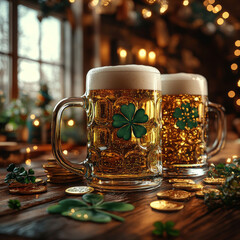 Image showcases a lively St Patricks Day scene with traditional symbols and festive decorations, featuring two large beer mugs overflowing with golden beer topped with shamrock foam - AI-Generated