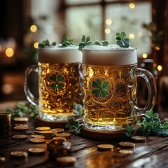 Image showcases St Patricks Day ambiance with traditional Irish pints, gold coins, shamrock decorations, and a blurred indoor background - AI-Generated