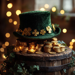 A festive image showcases St Patricks Day symbols, including a green top hat with shamrocks and gold coins on a barrel, twinkling lights, a rustic brick wall with a window, and evokin - AI-Generated