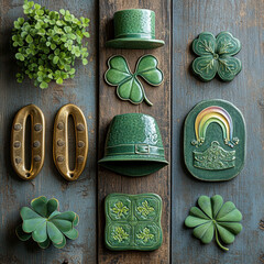 The image showcases a St Patricks Day scene with a green teapot, teacups, four-leaf clovers, a leprechaun figurine, shamrock-patterned coasters, and a clover cookie arranged on a rust - AI-Generated