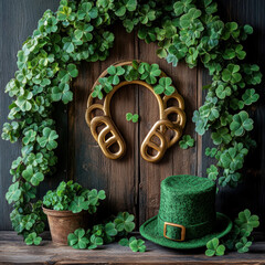 A charming St Patricks Day scene featuring a rustic door adorned with a clover wreath, horseshoe, and shamrock pendant Green shoes and a top hat complete the festive look for this Ir - AI-Generated