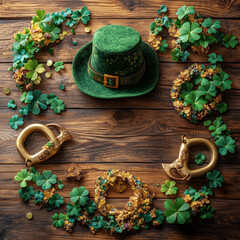 A festive St Patricks Day scene with a green top hat, gold coins, shamrock symbols, and bright flowers arranged in a circular pattern on a wooden table against a rustic backdrop - AI-Generated