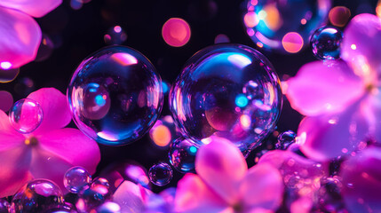 Poster - Iridescent bubbles and flower petals in vibrant abstract background for creative design