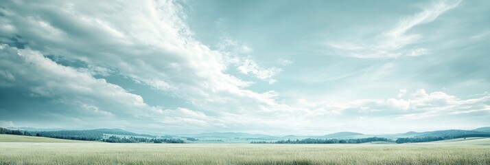 Poster - Expansive green landscape under cloudy skies at dawn with distant mountains and gentle rolling hills. Generative AI