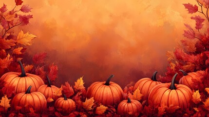 Autumn Pumpkins Surrounded by Colorful Leaves