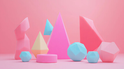 Poster - Colorful geometric shapes on pink background for creative design projects
