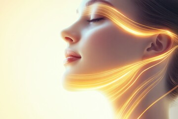 Aufkleber - Golden lines flow around a woman’s face, symbolizing cosmetic lifting effects in a modern aesthetic setting. GenerativeAI