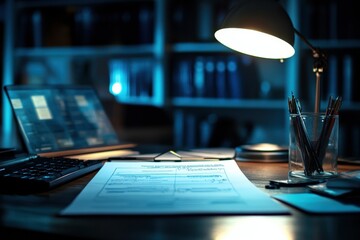 Aufkleber - Late night workspace in a cozy study with a glowing table lamp and organized documents. Generative AI