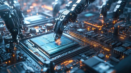 Poster - Advanced automation in action as multiple robotic arms construct intricate electronic circuits on a fast-paced production line.