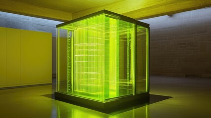 Poster - Advanced quantum computing unit with glowing circuits on a neon yellow background, symbolizing precision AI.