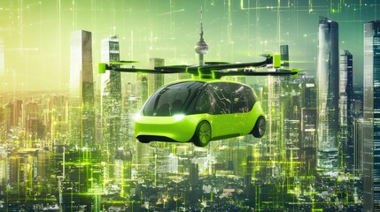 Poster - AI-controlled flying taxi floating against a neon green background, symbolizing the future of urban transport.