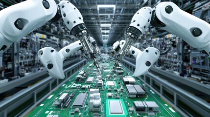 Poster - AI-driven robotic arms constructing circuit boards with extreme accuracy in a high-tech production setting.