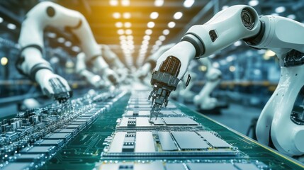 Poster - AI-driven robotic arms constructing circuit boards with extreme accuracy in a high-tech production setting.