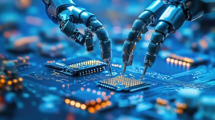 Poster - AI-driven robotic arms constructing circuit boards with extreme accuracy in a high-tech production setting.
