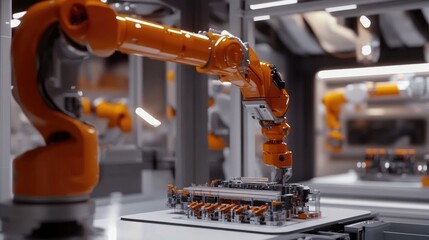 Poster - AI-driven robotic arms constructing circuit boards with extreme accuracy in a high-tech production setting.
