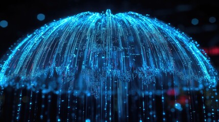 Poster - An umbrella formed of neon blue data streams shielding the world, symbolizing global connectivity and cybersecurity.
