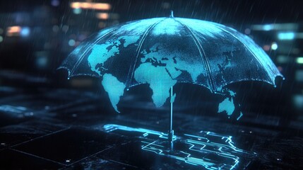 Poster - An umbrella formed of neon blue data streams shielding the world, symbolizing global connectivity and cybersecurity.