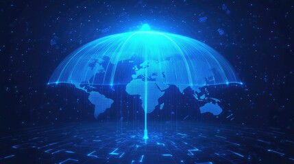 Poster - An umbrella formed of neon blue data streams shielding the world, symbolizing global connectivity and cybersecurity.
