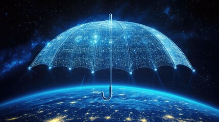 Poster - An umbrella made of interconnected AI-driven security systems spreading over the planet, symbolizing digital transformation.