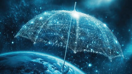 Poster - An umbrella made of interconnected AI-driven security systems spreading over the planet, symbolizing digital transformation.