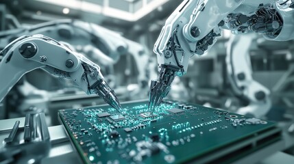 Poster - Automated robotic arms installing microchips onto circuit boards with extreme accuracy in a clean industrial space.