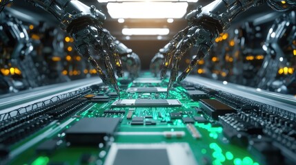 Poster - Automated robotic arms installing microchips onto circuit boards with extreme accuracy in a clean industrial space.