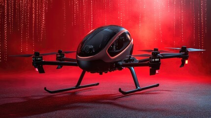Poster - Autonomous drone taxi in mid-air on a neon red background, showcasing futuristic air travel.