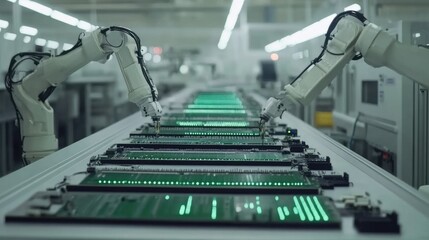 Poster - A clean, futuristic factory where robotic arms carefully assemble high-performance circuit boards with glowing components.