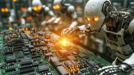 Poster - A clean, futuristic factory where robotic arms carefully assemble high-performance circuit boards with glowing components.