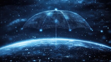 Poster - A cybernetic umbrella formed by a network of floating data shields, covering Earth, symbolizing tech security.