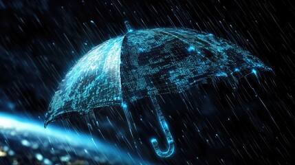 Poster - A cybernetic umbrella formed by a network of floating data shields, covering Earth, symbolizing tech security.