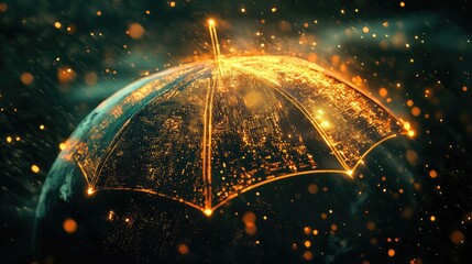 Poster - A futuristic digital umbrella spreading over a glowing Earth, symbolizing blockchain security, cloud computing, and technological advancement.