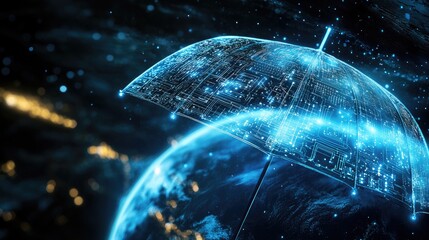 Poster - A futuristic digital umbrella with holographic circuits protecting Earth, symbolizing global cybersecurity advancements.