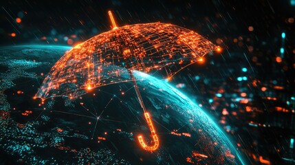 Poster - A futuristic umbrella made of glowing circuits spreads over Earth, symbolizing global tech protection, digital security, and innovation.