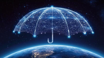 Poster - A futuristic umbrella of cyber nodes hovering over Earth, symbolizing the shield of digital safety and AI technology.