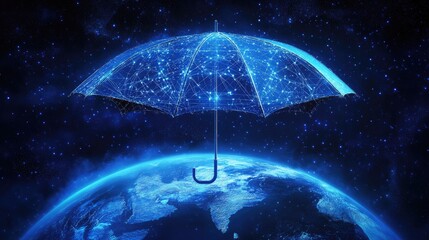 Poster - A futuristic umbrella of cyber nodes hovering over Earth, symbolizing the shield of digital safety and AI technology.