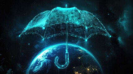 Poster - A futuristic umbrella made of glowing circuits spreads over Earth, symbolizing global tech protection, digital security, and innovation.