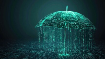 Poster - A futuristic umbrella of glowing binary codes covering Earth, symbolizing cybersecurity, blockchain, and digital transformation.
