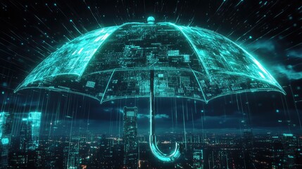Poster - A futuristic umbrella of interconnected AI data streams covering Earth, symbolizing technology's role in security.