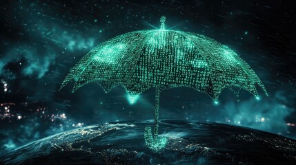 Poster - A futuristic umbrella of glowing binary codes covering Earth, symbolizing cybersecurity, blockchain, and digital transformation.