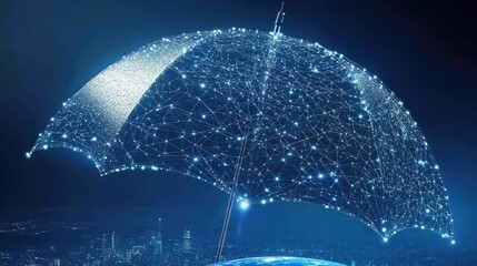 Poster - A futuristic umbrella of interconnected AI data streams covering Earth, symbolizing technology's role in security.