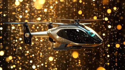 Poster - A futuristic urban air taxi hovering on a bold golden background, representing high-tech aerial solutions.