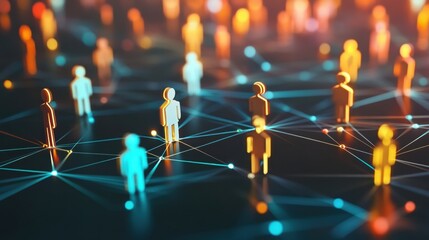 Leinwandbilder - Colorful 3D avatars connected by glowing network lines in a digital landscape representing social media interactions. Generative AI