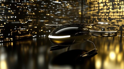 Poster - A futuristic urban air taxi hovering on a bold golden background, representing high-tech aerial solutions.