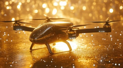 Poster - A futuristic urban air taxi hovering on a bold golden background, representing high-tech aerial solutions.