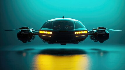 Poster - A futuristic VTOL flying taxi with streamlined body on a deep teal background, highlighting innovative flight.
