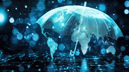 Poster - A giant holographic umbrella shields the world, representing cybersecurity, AI protection, and digital innovation in a connected era.