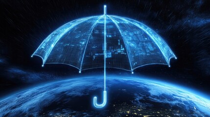 Poster - A glowing, cyber-enhanced umbrella spreading over the planet, symbolizing cloud computing and AI-driven digital safety.