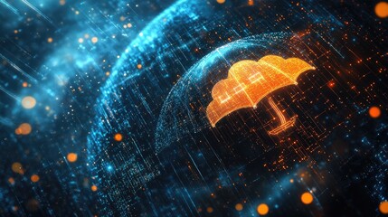 Poster - A glowing, cyber-enhanced umbrella spreading over the planet, symbolizing cloud computing and AI-driven digital safety.