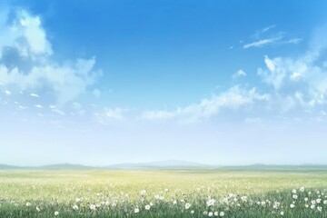 Wall Mural - Wide open grassy field under a clear blue sky with scattered clouds creating a serene landscape at midday. Generative AI